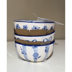 3- Prima Design SPRING FLORALS & Bows Blue Ceramic Cereal Soup Bowl Set 5" NEW!